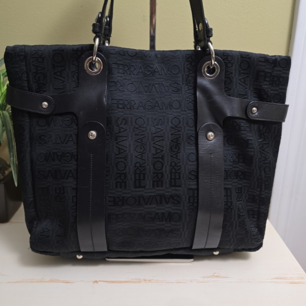 Salvatore Ferragamo | Black Leather and Canvas Tote